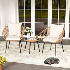 3 Piece Patio Bistro Set, 2 Hand Woven Rattan Armchairs Rated 400 lb with Cream Cushions and 16.5 in Round Tempered Glass Table