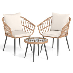 3 Piece Patio Bistro Set, 2 Hand Woven Rattan Armchairs Rated 400 lb with Cream Cushions and 16.5 in Round Tempered Glass Table