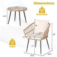 3 Piece Patio Bistro Set, 2 Hand Woven Rattan Armchairs Rated 400 lb with Cream Cushions and 16.5 in Round Tempered Glass Table