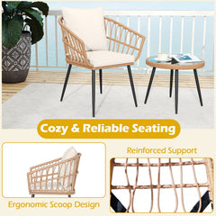 3 Piece Patio Bistro Set, 2 Hand Woven Rattan Armchairs Rated 400 lb with Cream Cushions and 16.5 in Round Tempered Glass Table