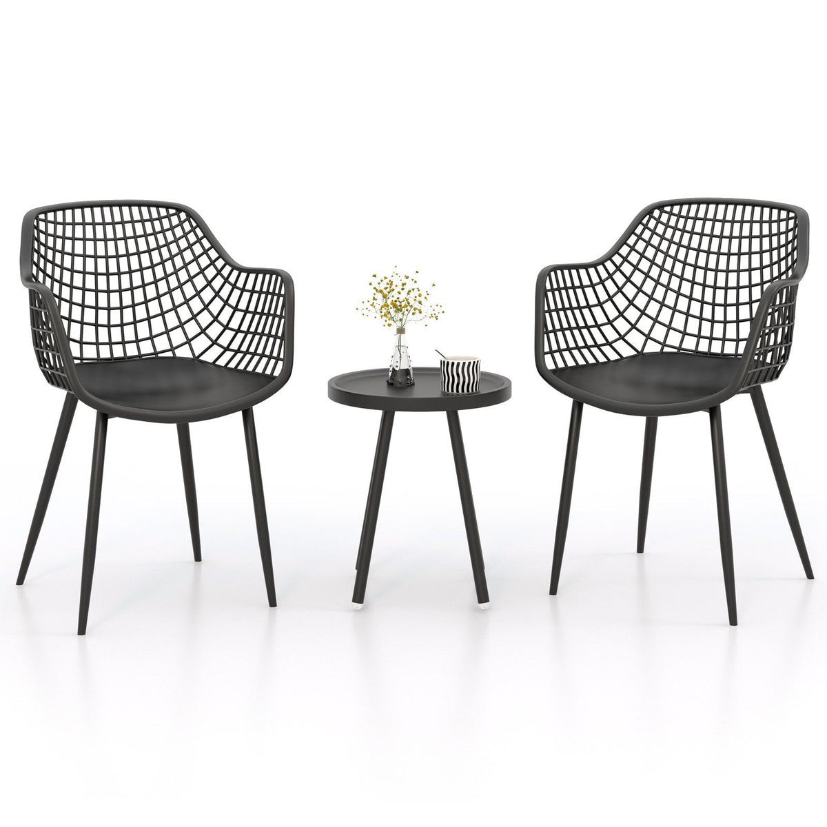 3 Piece Patio Chair Set, 2 Lattice Back PP Armchairs and Round Concave Top Coffee Table on Metal Legs, Black
