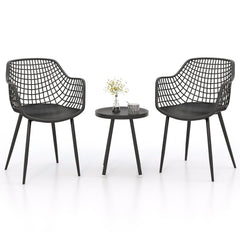 3 Piece Patio Chair Set, 2 Lattice Back PP Armchairs and Round Concave Top Coffee Table on Metal Legs, Black
