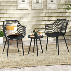 3 Piece Patio Chair Set, 2 Lattice Back PP Armchairs and Round Concave Top Coffee Table on Metal Legs, Black