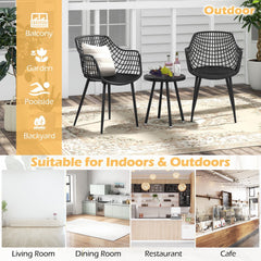 3 Piece Patio Chair Set, 2 Lattice Back PP Armchairs and Round Concave Top Coffee Table on Metal Legs, Black