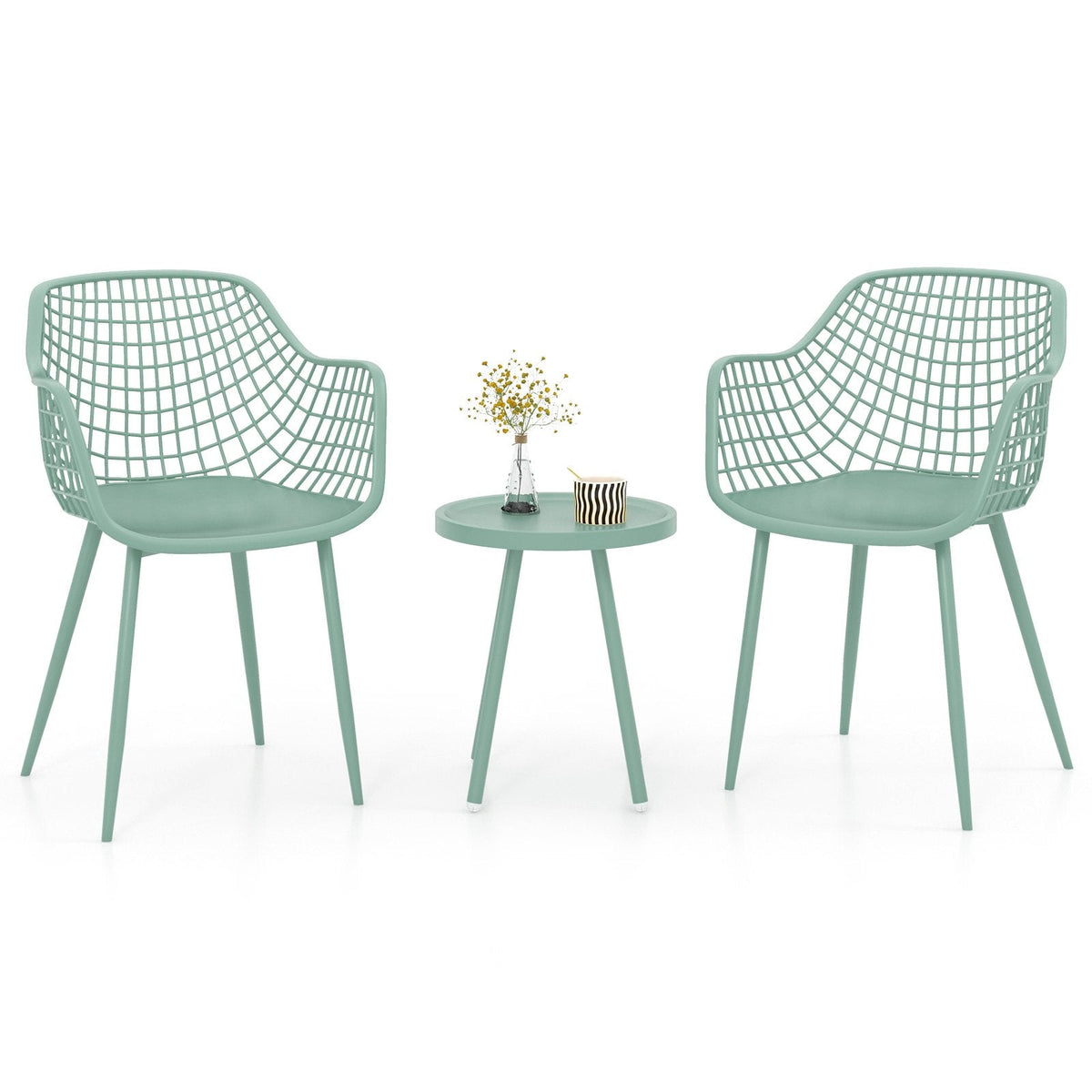 3 Piece Patio Chair Set, 2 Lattice Back PP Armchairs 34 in Tall and 16 in Round Concave Top Table on Metal Legs, Sage Green
