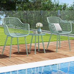 3 Piece Patio Chair Set, 2 Lattice Back PP Armchairs 34 in Tall and 16 in Round Concave Top Table on Metal Legs, Sage Green