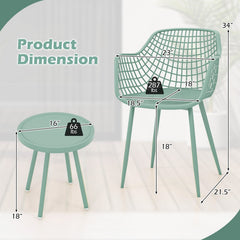 3 Piece Patio Chair Set, 2 Lattice Back PP Armchairs 34 in Tall and 16 in Round Concave Top Table on Metal Legs, Sage Green