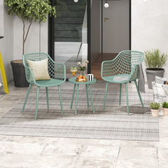 3 Piece Patio Chair Set, 2 Lattice Back PP Armchairs 34 in Tall and 16 in Round Concave Top Table on Metal Legs, Sage Green