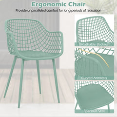 3 Piece Patio Chair Set, 2 Lattice Back PP Armchairs 34 in Tall and 16 in Round Concave Top Table on Metal Legs, Sage Green