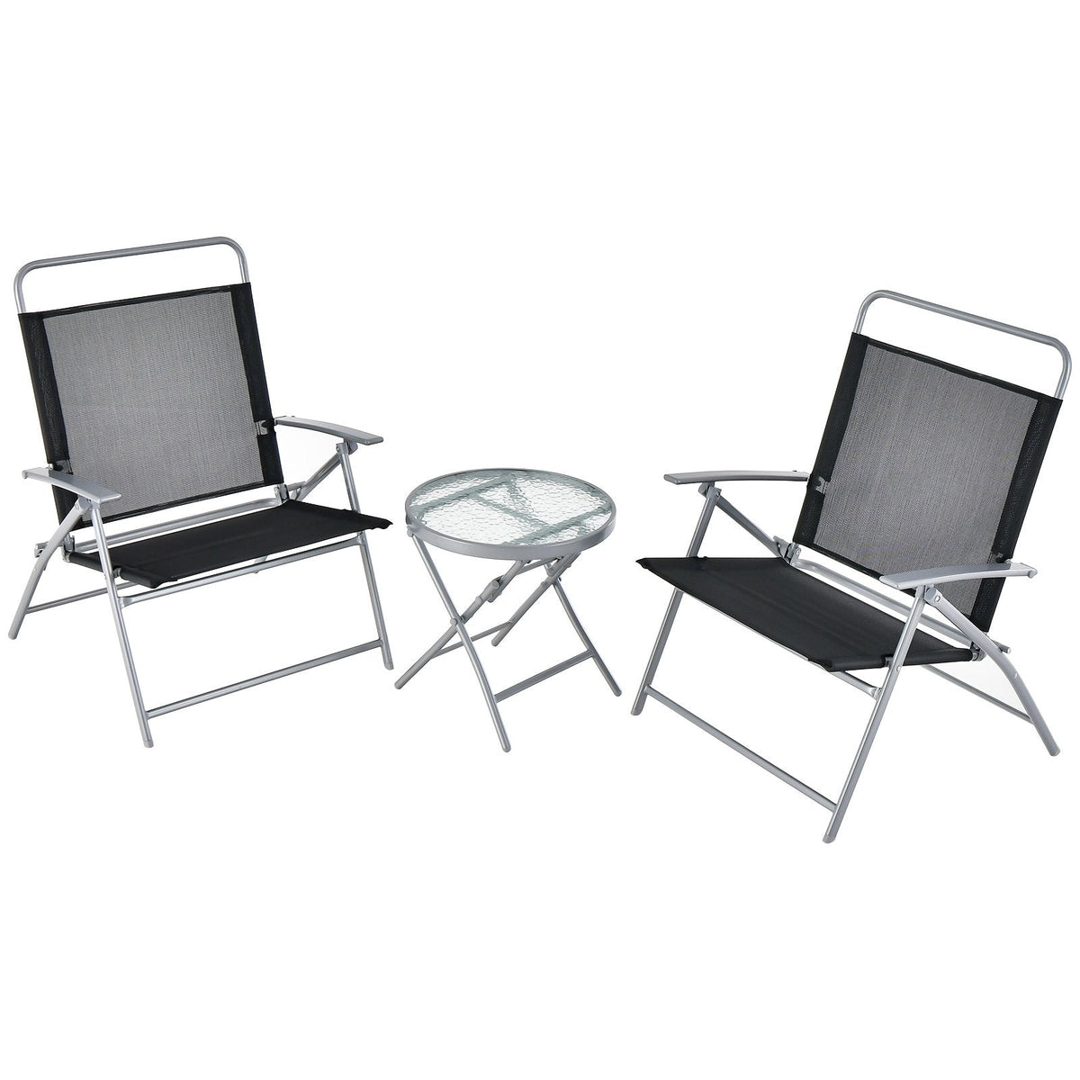 3 Piece Folding Patio Set, 2 Wide Seat Folding Chairs Rated 330 lb and 18 in Round Tempered Glass Table