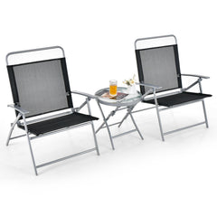 3 Piece Folding Patio Set, 2 Wide Seat Folding Chairs Rated 330 lb and 18 in Round Tempered Glass Table