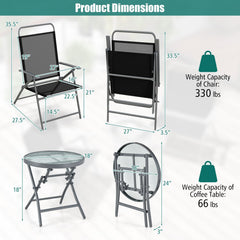 3 Piece Folding Patio Set, 2 Wide Seat Folding Chairs Rated 330 lb and 18 in Round Tempered Glass Table