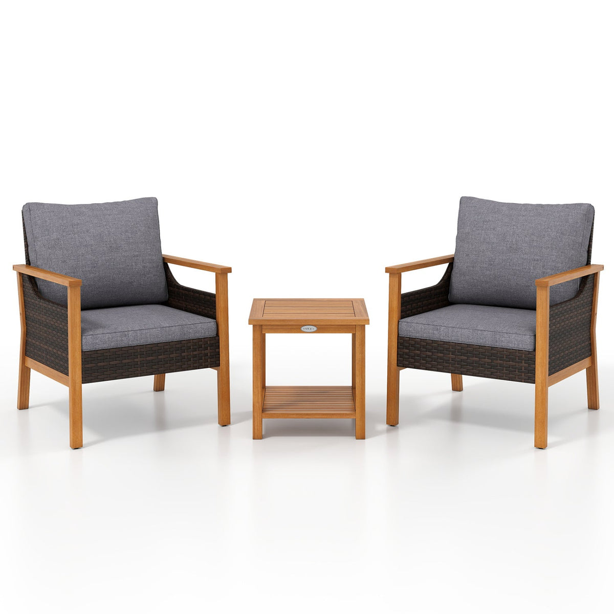 3 Piece Patio Conversation Set, 2 Acacia and Rattan Lounge Chairs with Grey Cushions and an 18 Inch 2 Tier Side Table