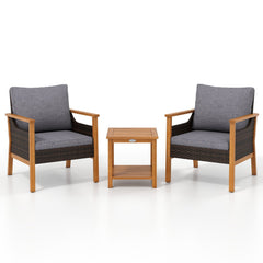 3 Piece Patio Conversation Set, 2 Acacia and Rattan Lounge Chairs with Grey Cushions and an 18 Inch 2 Tier Side Table