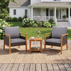 3 Piece Patio Conversation Set, 2 Acacia and Rattan Lounge Chairs with Grey Cushions and an 18 Inch 2 Tier Side Table