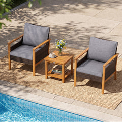 3 Piece Patio Conversation Set, 2 Acacia and Rattan Lounge Chairs with Grey Cushions and an 18 Inch 2 Tier Side Table