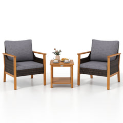 3 Piece Patio Conversation Set, 2 Acacia and Rattan Lounge Chairs with Grey Cushions and an 18 Inch 2 Tier Side Table