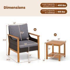 3 Piece Patio Conversation Set, 2 Acacia and Rattan Lounge Chairs with Grey Cushions and an 18 Inch 2 Tier Side Table