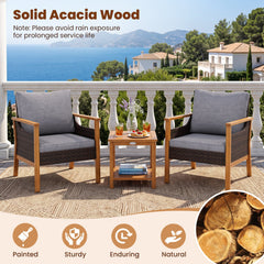 3 Piece Patio Conversation Set, 2 Acacia and Rattan Lounge Chairs with Grey Cushions and an 18 Inch 2 Tier Side Table