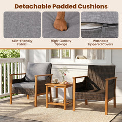 3 Piece Patio Conversation Set, 2 Acacia and Rattan Lounge Chairs with Grey Cushions and an 18 Inch 2 Tier Side Table