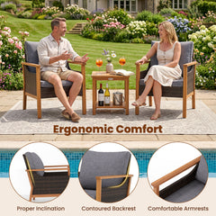 3 Piece Patio Conversation Set, 2 Acacia and Rattan Lounge Chairs with Grey Cushions and an 18 Inch 2 Tier Side Table