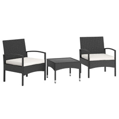 3 Piece Patio Wicker Bistro Set, 2 Black Wicker Armchairs with Off White Seat Cushions and a 20 in Glass Top Coffee Table