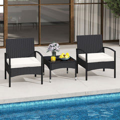 3 Piece Patio Wicker Bistro Set, 2 Black Wicker Armchairs with Off White Seat Cushions and a 20 in Glass Top Coffee Table