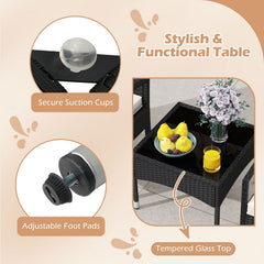 3 Piece Patio Wicker Bistro Set, 2 Black Wicker Armchairs with Off White Seat Cushions and a 20 in Glass Top Coffee Table