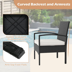 3 Piece Patio Wicker Bistro Set, 2 Black Wicker Armchairs with Off White Seat Cushions and a 20 in Glass Top Coffee Table