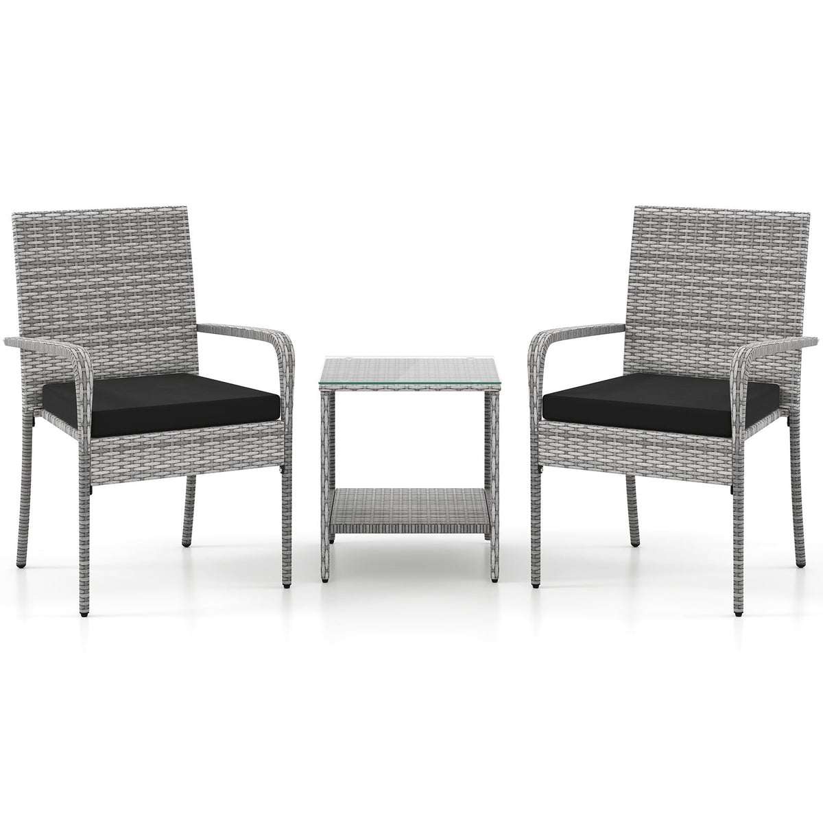 3 Piece Balcony Patio Furniture Set, 2 Rattan Armchairs Rated 400 lb and Two Tier Tempered Glass Side Table, Black Cushions