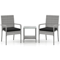 3 Piece Balcony Patio Furniture Set, 2 Rattan Armchairs Rated 400 lb and Two Tier Tempered Glass Side Table, Black Cushions