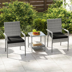 3 Piece Balcony Patio Furniture Set, 2 Rattan Armchairs Rated 400 lb and Two Tier Tempered Glass Side Table, Black Cushions