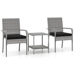 3 Piece Balcony Patio Furniture Set, 2 Rattan Armchairs Rated 400 lb and Two Tier Tempered Glass Side Table, Black Cushions