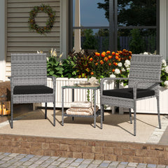 3 Piece Balcony Patio Furniture Set, 2 Rattan Armchairs Rated 400 lb and Two Tier Tempered Glass Side Table, Black Cushions