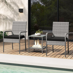3 Piece Balcony Patio Furniture Set, 2 Rattan Armchairs Rated 400 lb and Two Tier Tempered Glass Side Table, Black Cushions