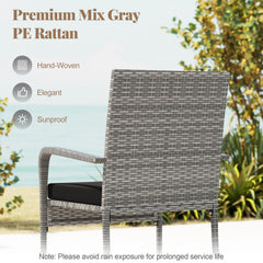 3 Piece Balcony Patio Furniture Set, 2 Rattan Armchairs Rated 400 lb and Two Tier Tempered Glass Side Table, Black Cushions