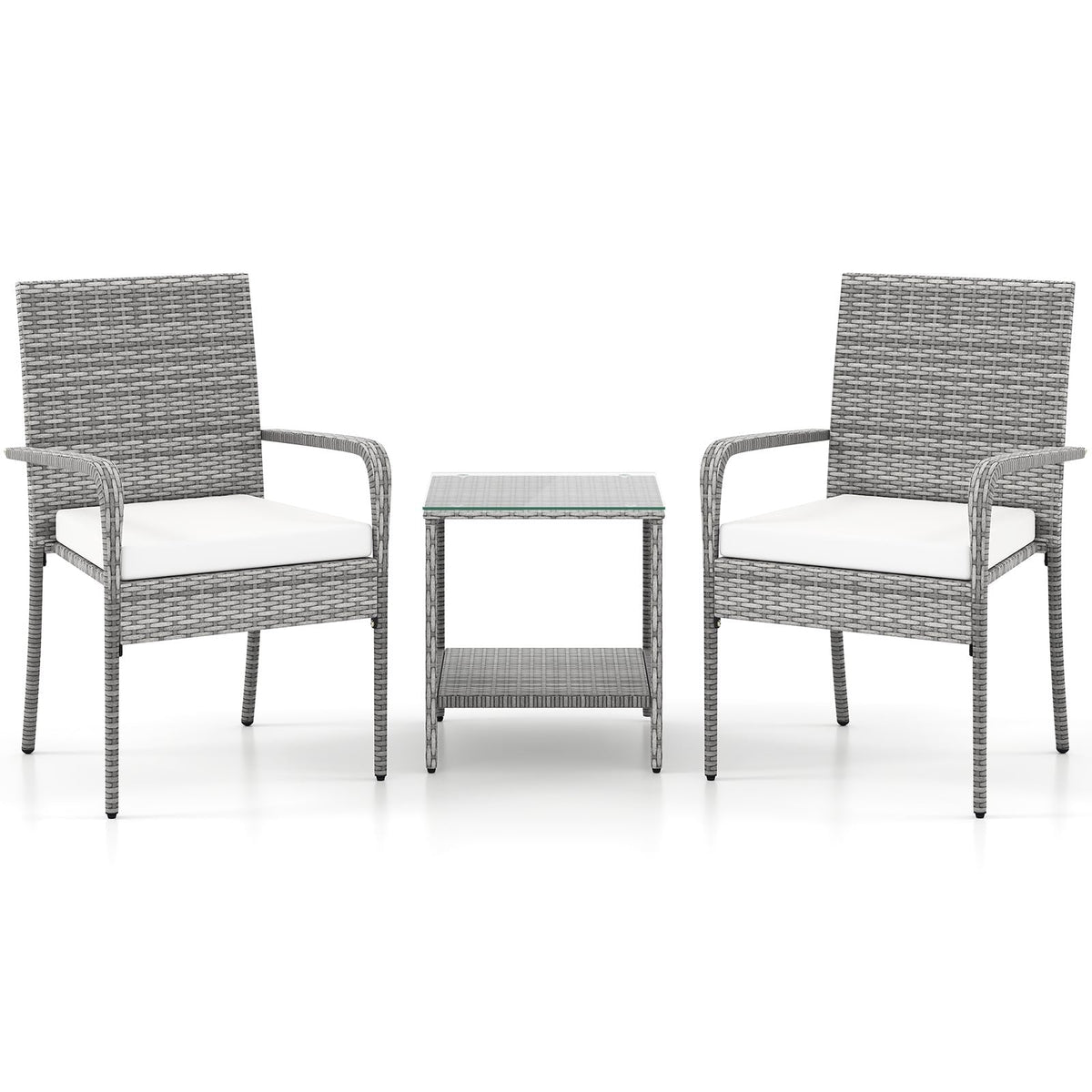 3 Piece Balcony Patio Furniture Set, 2 Rattan Armchairs Rated 400 lb and Two Tier Tempered Glass Side Table, Cream Cushions
