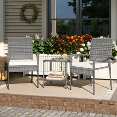 3 Piece Balcony Patio Furniture Set, 2 Rattan Armchairs Rated 400 lb and Two Tier Tempered Glass Side Table, Cream Cushions