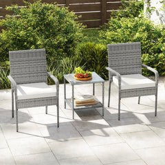3 Piece Balcony Patio Furniture Set, 2 Rattan Armchairs Rated 400 lb and Two Tier Tempered Glass Side Table, Cream Cushions