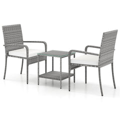 3 Piece Balcony Patio Furniture Set, 2 Rattan Armchairs Rated 400 lb and Two Tier Tempered Glass Side Table, Cream Cushions