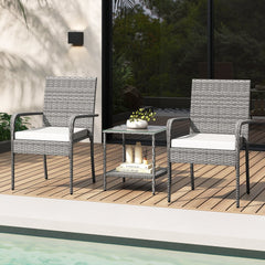 3 Piece Balcony Patio Furniture Set, 2 Rattan Armchairs Rated 400 lb and Two Tier Tempered Glass Side Table, Cream Cushions