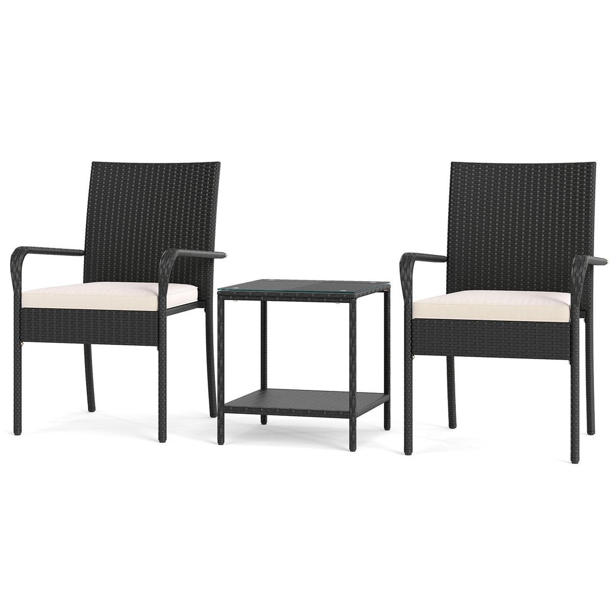 3 Piece Patio Rattan Set, 2 Woven Armchairs Rated 400 lb with White Cushions and 2 Tier Tempered Glass Side Table