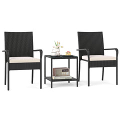 3 Piece Patio Rattan Set, 2 Woven Armchairs Rated 400 lb with White Cushions and 2 Tier Tempered Glass Side Table