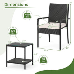 3 Piece Patio Rattan Set, 2 Woven Armchairs Rated 400 lb with White Cushions and 2 Tier Tempered Glass Side Table