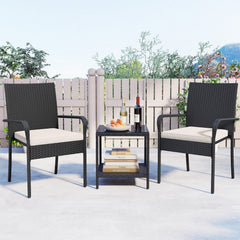 3 Piece Patio Rattan Set, 2 Woven Armchairs Rated 400 lb with White Cushions and 2 Tier Tempered Glass Side Table