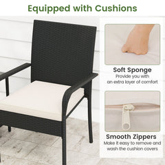 3 Piece Patio Rattan Set, 2 Woven Armchairs Rated 400 lb with White Cushions and 2 Tier Tempered Glass Side Table