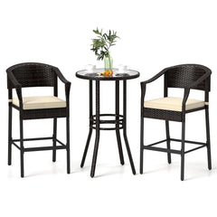 3-Piece Patio Rattan Bar Set with Tempered Glass Top for Backyard Poolside-Brown