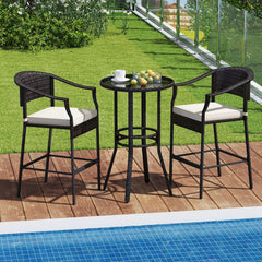 3-Piece Patio Rattan Bar Set with Tempered Glass Top for Backyard Poolside-Brown
