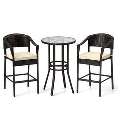 3-Piece Patio Rattan Bar Set with Tempered Glass Top for Backyard Poolside-Brown