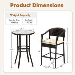 3-Piece Patio Rattan Bar Set with Tempered Glass Top for Backyard Poolside-Brown
